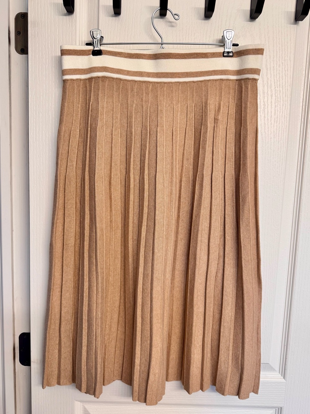 Lands' End Camel Pleated Midi Skirt with Cream Stripe Waistband